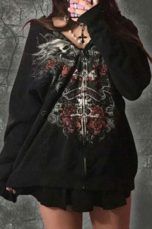 Gothic Y2K Embroidered Skull Print Oversized Hoodie