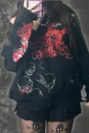 Gothic Y2K Embroidered Skull Print Oversized Hoodie