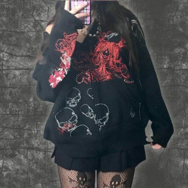 Gothic Y2K Embroidered Skull Print Oversized Hoodie