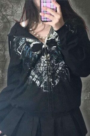 Gothic Y2K Embroidered Skull Print Oversized Hoodie