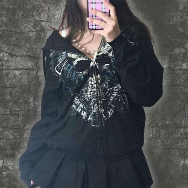 Gothic Y2K Embroidered Skull Print Oversized Hoodie