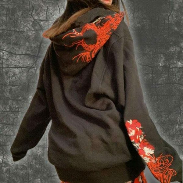 Gothic Y2K Embroidered Skull Print Oversized Hoodie