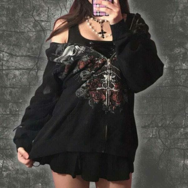 Gothic Y2K Embroidered Skull Print Oversized Hoodie