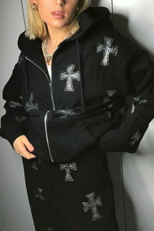 Gothic Zip-Up Hoodie with Oversized Print, Y2K Streetwear Aesthetic