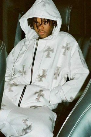 Gothic Zip-Up Hoodie with Oversized Print, Y2K Streetwear Aesthetic