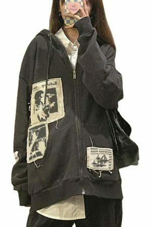 Graffiti Print Vintage Zip-Up Hoodie, Streetwear Y2K Fashion