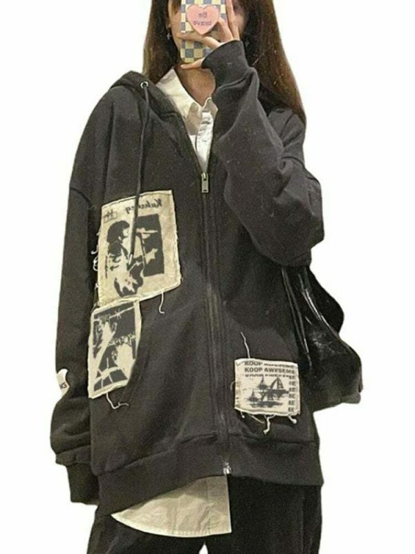 Graffiti Print Vintage Zip-Up Hoodie, Streetwear Y2K Fashion