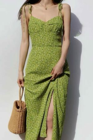 Green Floral Long Midi Dress - Y2K Milkmaid Streetwear Aesthetic