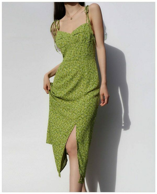 Green Floral Long Midi Dress - Y2K Milkmaid Streetwear Aesthetic