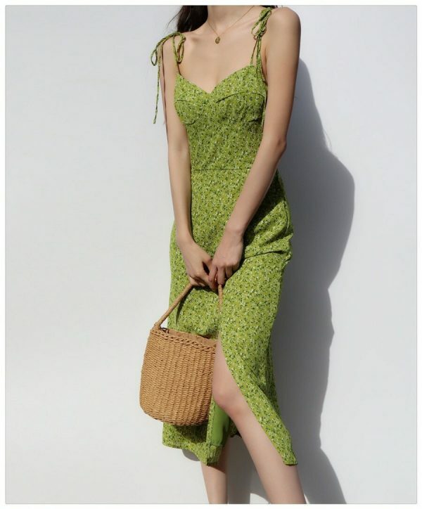 Green Floral Long Midi Dress - Y2K Milkmaid Streetwear Aesthetic