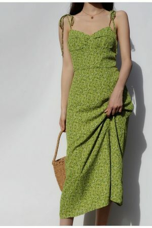 Green Floral Long Midi Dress - Y2K Milkmaid Streetwear Aesthetic