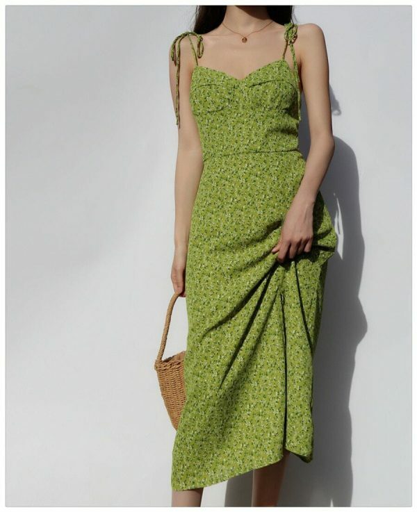 Green Floral Long Midi Dress - Y2K Milkmaid Streetwear Aesthetic