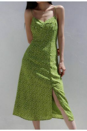 Green Floral Long Midi Dress - Y2K Milkmaid Streetwear Aesthetic