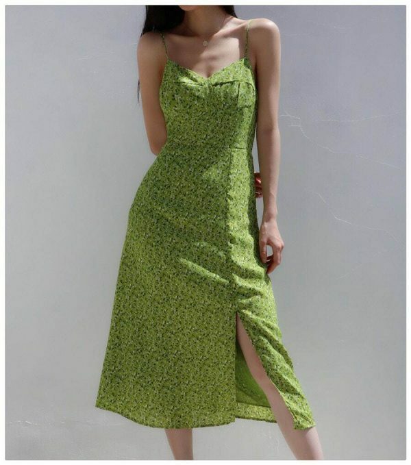 Green Floral Long Midi Dress - Y2K Milkmaid Streetwear Aesthetic