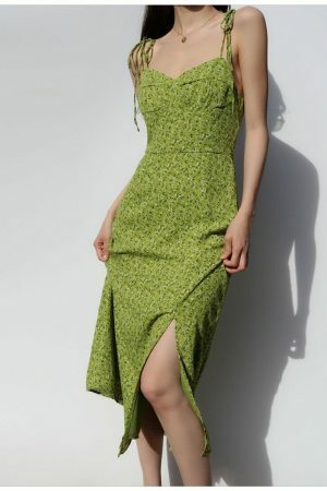 Green Floral Long Midi Dress - Y2K Milkmaid Streetwear Aesthetic