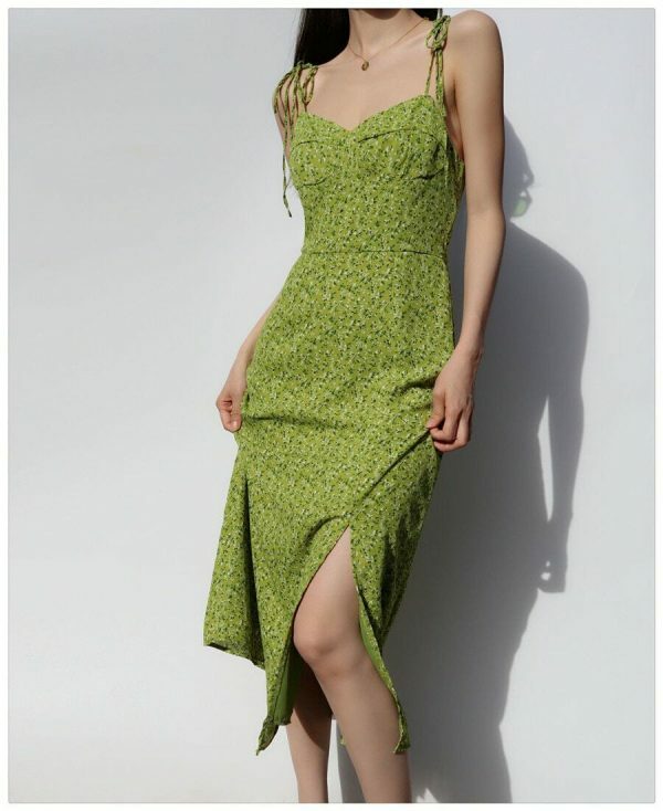 Green Floral Long Midi Dress - Y2K Milkmaid Streetwear Aesthetic