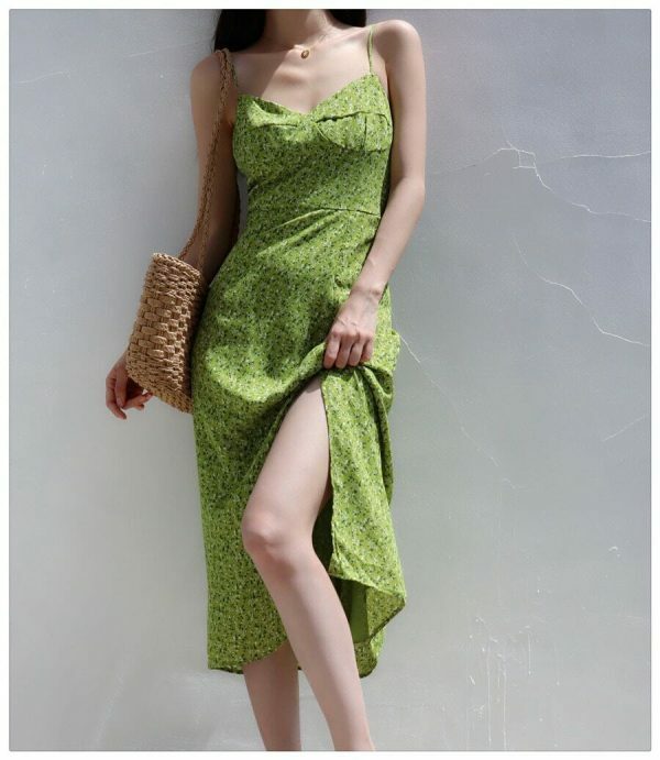 Green Floral Long Midi Dress - Y2K Milkmaid Streetwear Aesthetic