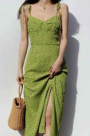 Green Floral Midi Dress: Y2K Milkmaid Style Streetwear Aesthetic