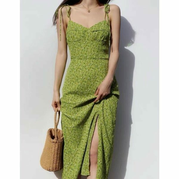 Green Floral Midi Dress: Y2K Milkmaid Style Streetwear Aesthetic