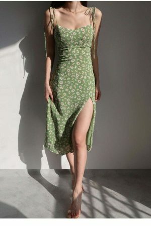 Green Floral Milkmaid Midi Dress - Y2K Streetwear Aesthetic