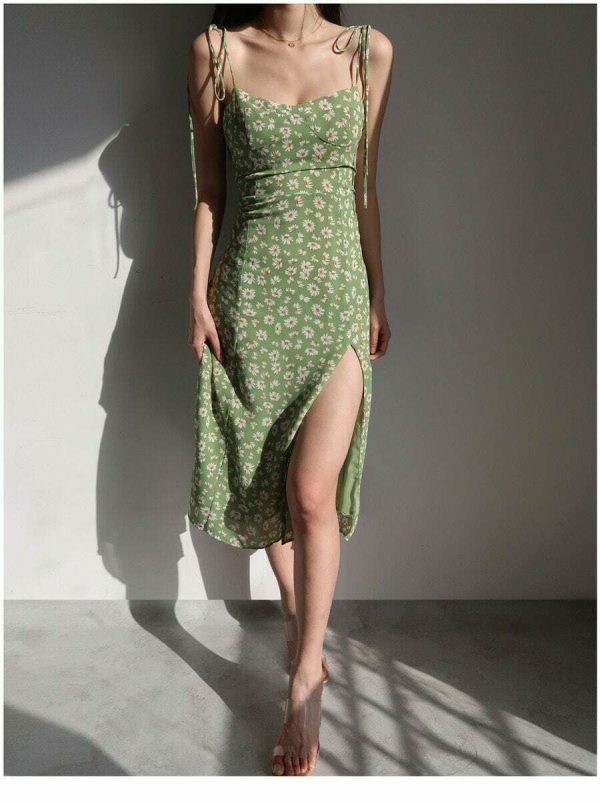 Green Floral Milkmaid Midi Dress - Y2K Streetwear Aesthetic