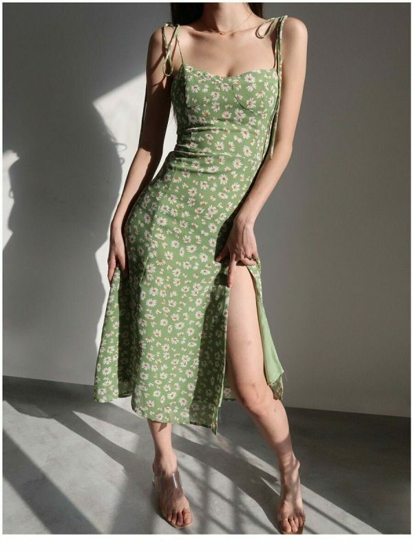 Green Floral Milkmaid Midi Dress - Y2K Streetwear Aesthetic