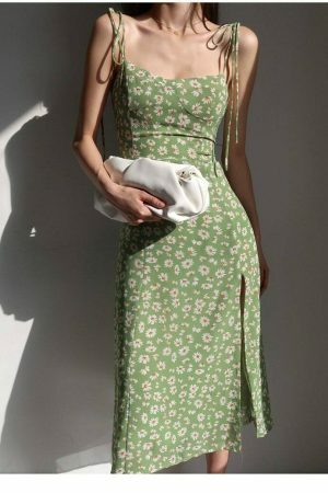 Green Floral Milkmaid Midi Dress - Y2K Streetwear Aesthetic