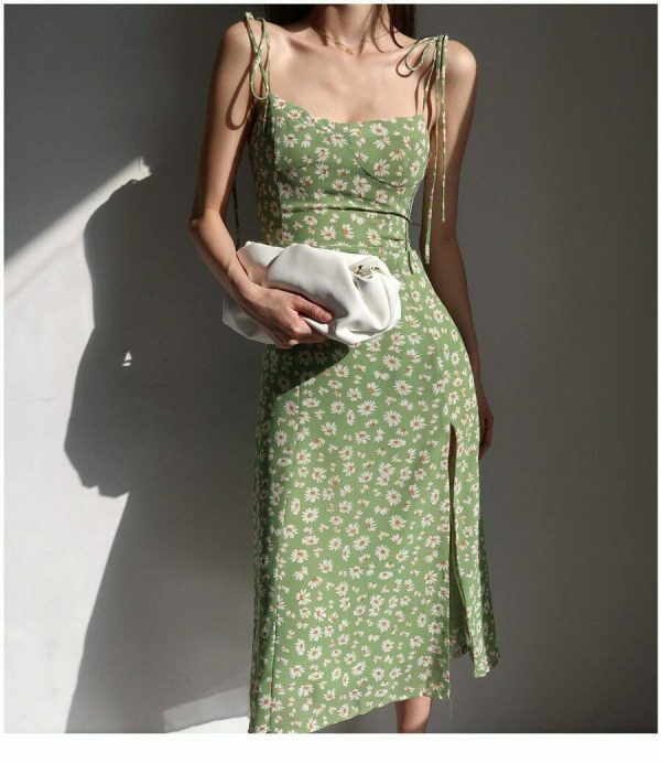 Green Floral Milkmaid Midi Dress - Y2K Streetwear Aesthetic