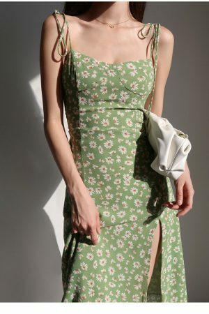 Green Floral Milkmaid Midi Dress - Y2K Streetwear Aesthetic