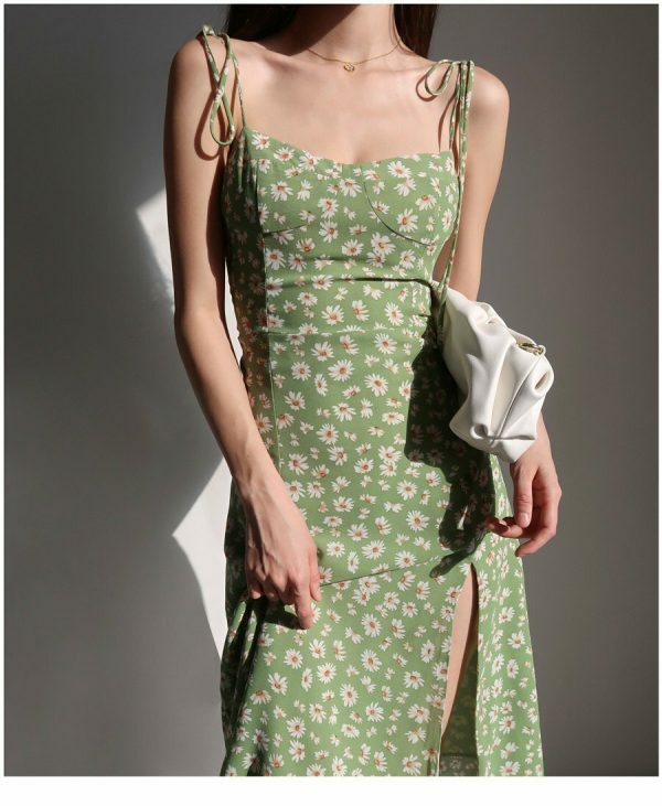 Green Floral Milkmaid Midi Dress - Y2K Streetwear Aesthetic