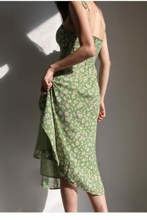 Green Floral Milkmaid Midi Dress - Y2K Streetwear Aesthetic