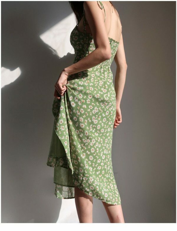 Green Floral Milkmaid Midi Dress - Y2K Streetwear Aesthetic