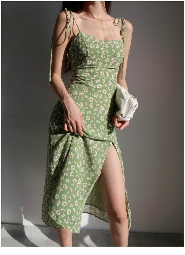 Green Floral Milkmaid Midi Dress - Y2K Streetwear Aesthetic