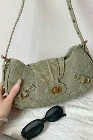 Green Y2K Vintage Shoulder Bag with Metal Buckle - Women's Streetwear Fashion