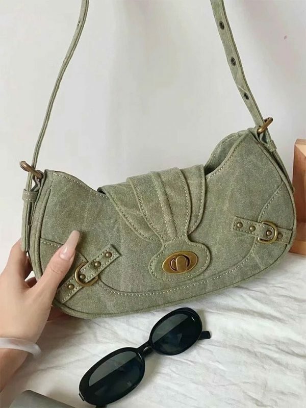 Green Y2K Vintage Shoulder Bag with Metal Buckle - Women's Streetwear Fashion