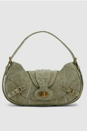 Green Y2K Vintage Shoulder Bag with Metal Buckle - Women's Streetwear Fashion