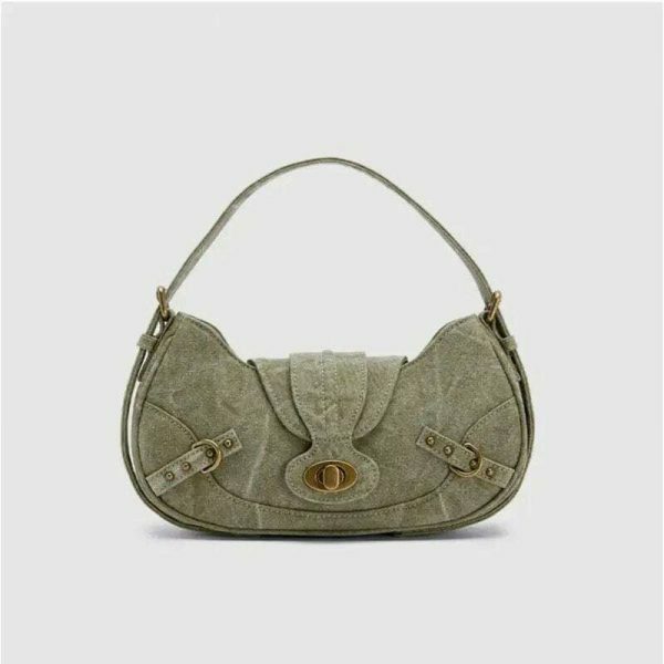 Green Y2K Vintage Shoulder Bag with Metal Buckle - Women's Streetwear Fashion