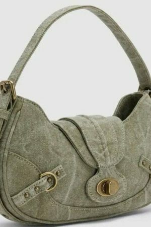 Green Y2K Vintage Shoulder Bag with Metal Buckle - Women's Streetwear Fashion