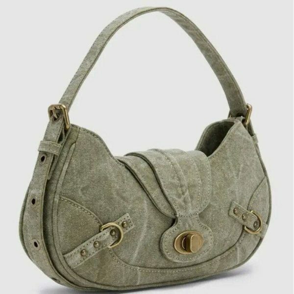 Green Y2K Vintage Shoulder Bag with Metal Buckle - Women's Streetwear Fashion