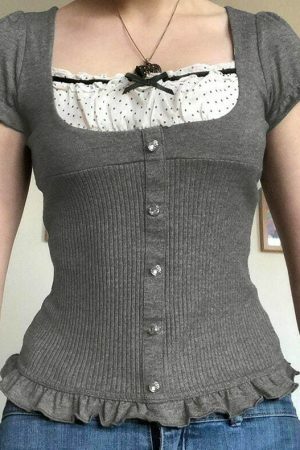 Grey Patchwork Milkmaid Cami Top - Y2K Streetwear Aesthetic