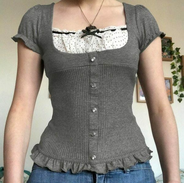 Grey Patchwork Milkmaid Cami Top - Y2K Streetwear Aesthetic