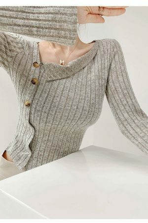 Grey Ribbed Knitted Long Sleeve Top with Asymmetrical Neckline and Button Detail - Slim Fit Y2K Streetwear Aesthetic