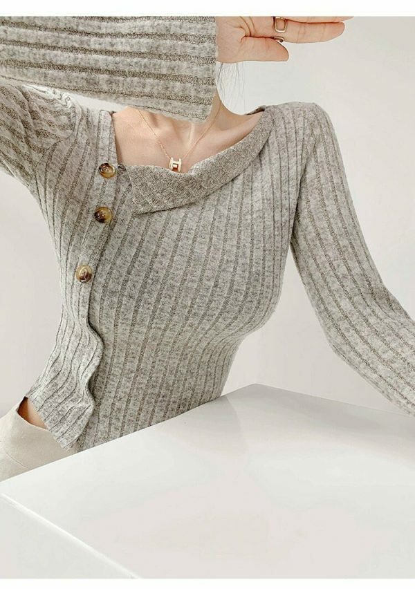 Grey Ribbed Knitted Long Sleeve Top with Asymmetrical Neckline and Button Detail - Slim Fit Y2K Streetwear Aesthetic