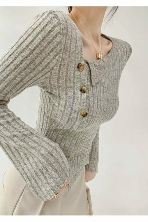 Grey Ribbed Knitted Long Sleeve Top with Asymmetrical Neckline and Button Detail - Slim Fit Y2K Streetwear Aesthetic