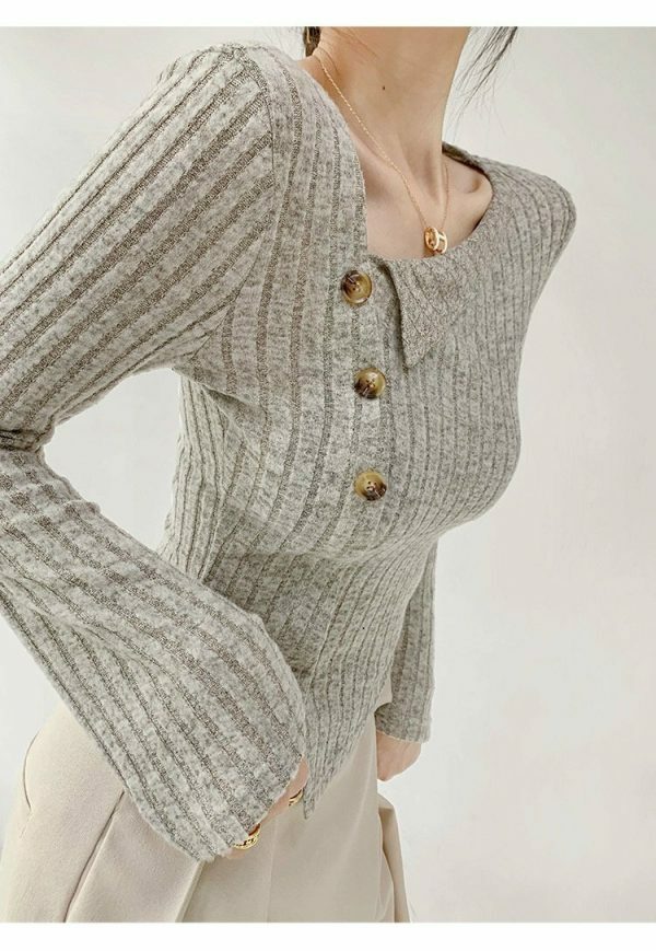 Grey Ribbed Knitted Long Sleeve Top with Asymmetrical Neckline and Button Detail - Slim Fit Y2K Streetwear Aesthetic