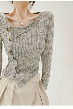 Grey Ribbed Knitted Long Sleeve Top with Asymmetrical Neckline and Button Detail - Slim Fit Y2K Streetwear Aesthetic