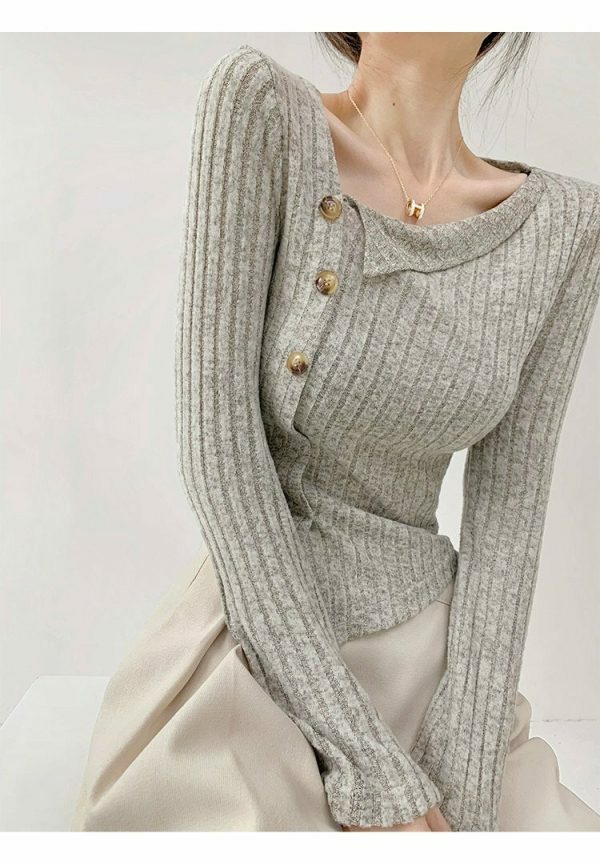 Grey Ribbed Knitted Long Sleeve Top with Asymmetrical Neckline and Button Detail - Slim Fit Y2K Streetwear Aesthetic