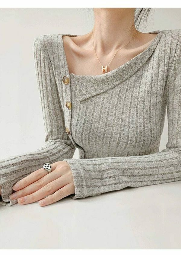 Grey Ribbed Knitted Long Sleeve Top with Asymmetrical Neckline and Button Detail - Slim Fit Y2K Streetwear Aesthetic