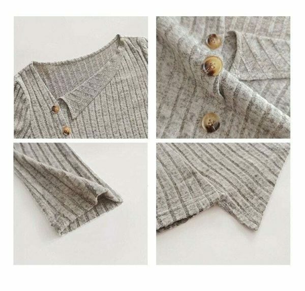 Grey Ribbed Knitted Long Sleeve Top with Asymmetrical Neckline and Button Detail - Slim Fit Y2K Streetwear Aesthetic