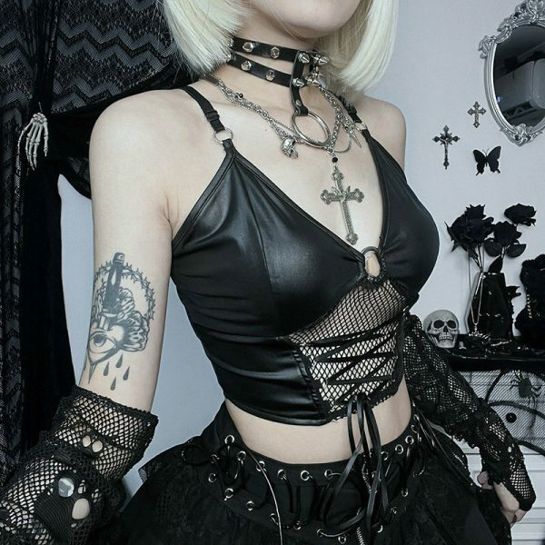 Grunge Punk Bandage Hollow Out Crop Top Gothic Fishnet Patchwork Camis